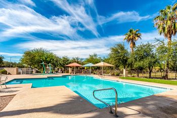 A large swimming pool surrounded by palm trees and a playground.
